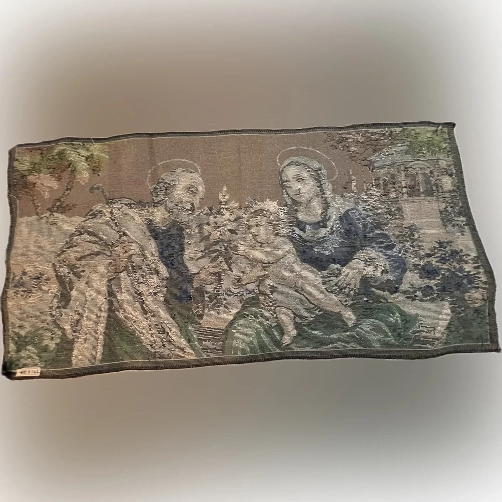 Antique Made in Italy Woven Tapestry Joseph Mary Baby Jesus Wall Decor Religious